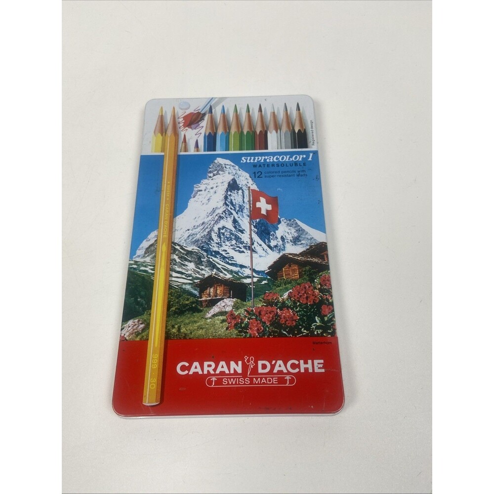 Vintage Caran D'Ache 1990s Supracolor I Colored Pencils Metal Tin 12 Pencils